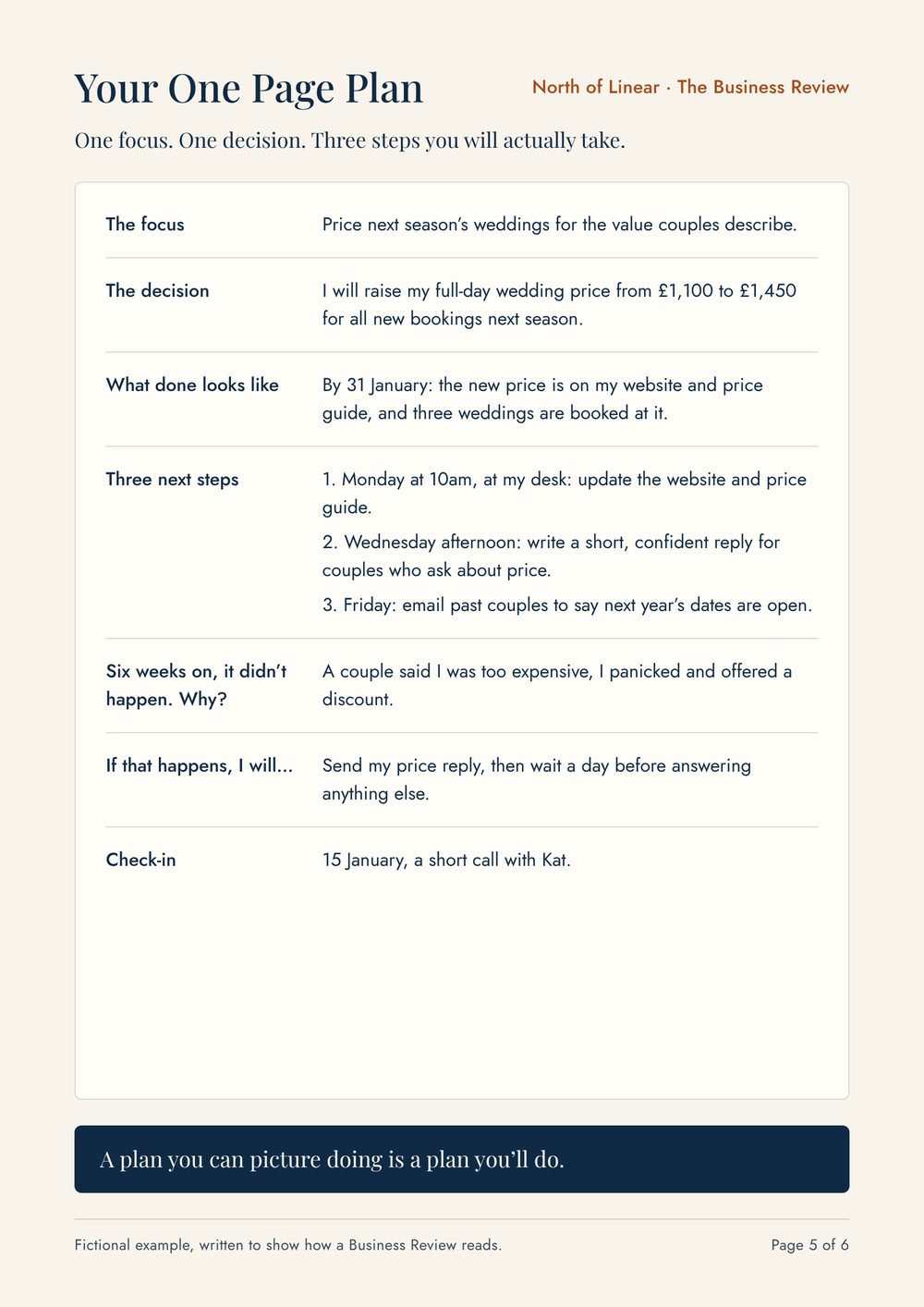 Example One Page Plan for a fictional wedding photographer. The focus: price next season’s weddings for the value couples describe. The decision: raise the full-day price from £1,100 to £1,450 for new bookings. What done looks like: by 31 January the new price is on the website and three weddings are booked at it. Three next steps with days and times, the likely obstacle and what to do if it happens, and a check-in date.